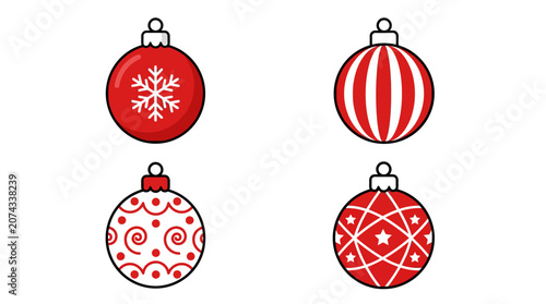 A set of four decorative red holiday ornaments on white background