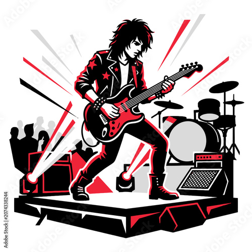 A guitarist performs on stage with a drum set