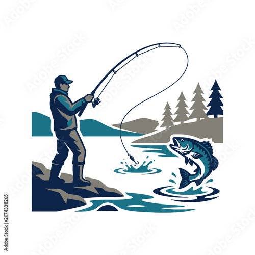 A fisherman catches a large bass in a scenic mountain lake