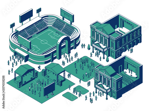 Isometric illustration of various entertainment and sports venues