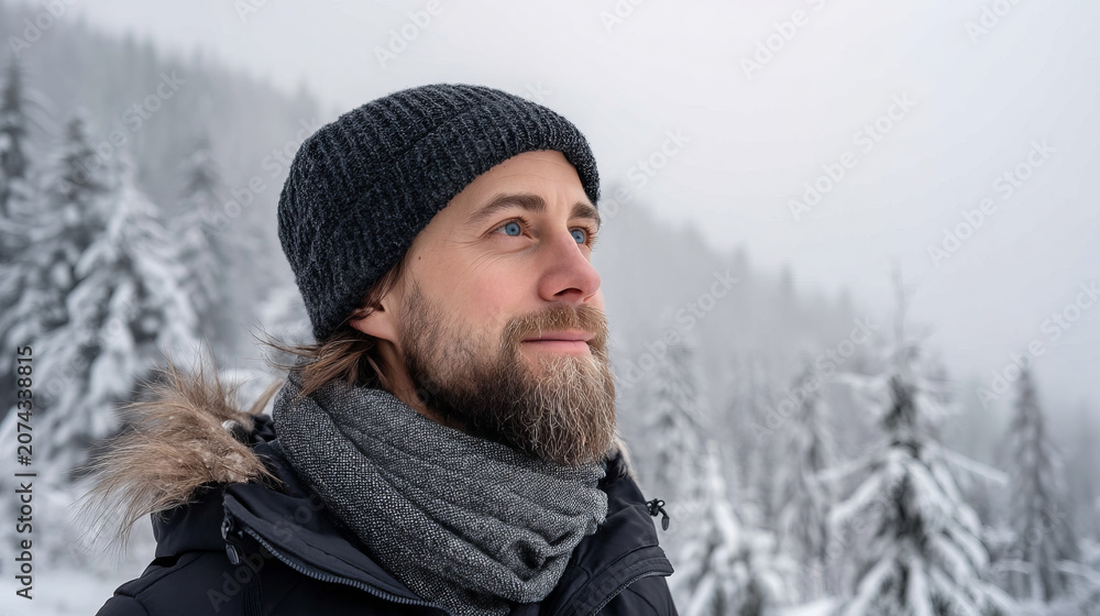 Fototapeta premium A young man smiles in a snowy winter forest. A guy walks outside in a park. Portrait of a man in the fresh air in winter. An active lifestyle in winter during vacation or holidays.