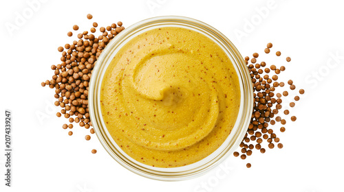 Obraz na plátne Yellow mustard paste in glass bowl with seeds