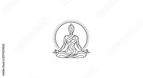 Foto Spiritual Line Art Illustration of a Person Meditating in Lotus Pose within a Radiant Sunburst Aura, Symbolizing Inner Peace and Enlightened Energy, isolated white background
