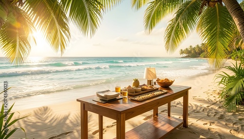 Luxury tropical beach product display background with cinematic sunlight, turquoise sea, and elegant wooden tabletop