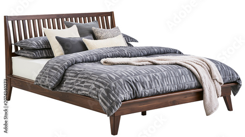 Canvas-taulu Dark wood bed frame with grey patterned bedding and pillows