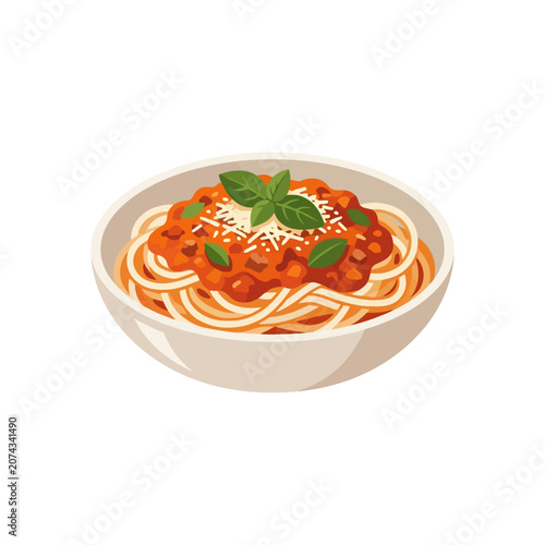 A bowl of spaghetti bolognese with fresh basil and cheese