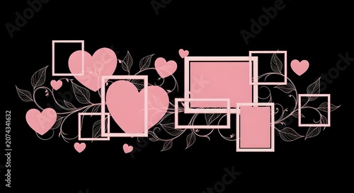Romantic decorative hearts and picture frames on black background with ornament