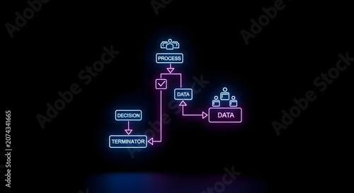 Flowchart Diagram With Process Data Decision And Terminator Elements Neon Style scheme