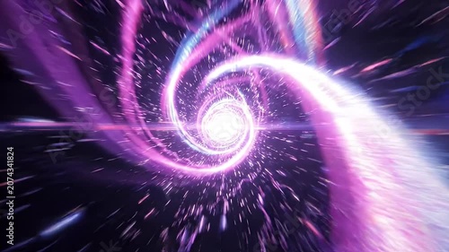 Abstract swirling purple and blue light tunnel with sparkling particles, perfect for technology or sci-fi backgrounds