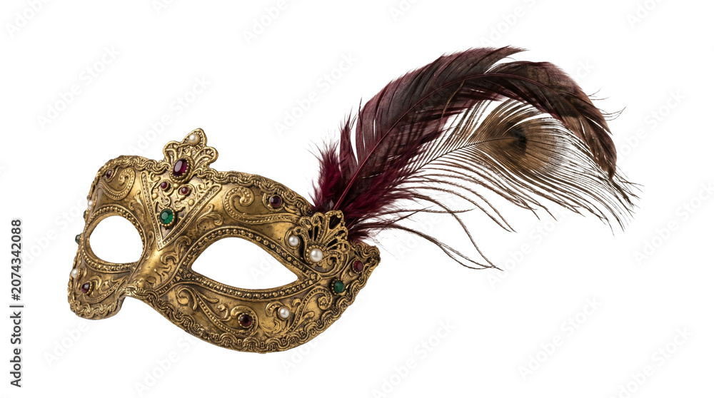 Obraz premium A vintage gold venetian masquerade mask with burgundy feathers and pearl details.