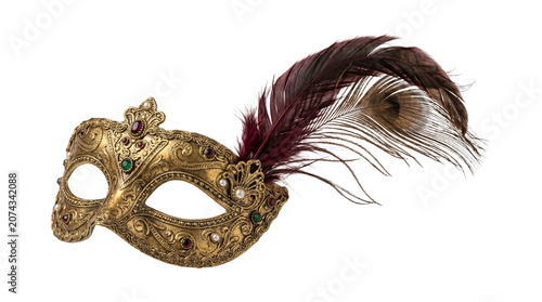Canvastavla A vintage gold venetian masquerade mask with burgundy feathers and pearl details