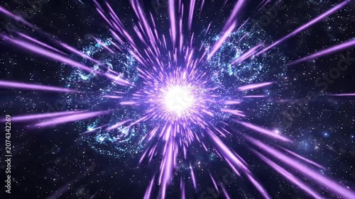 Abstract space tunnel with bright light and purple star trails, representing warp speed, data transfer, or cosmic travel in a digital universe
