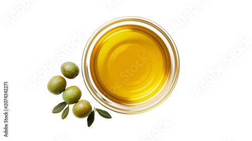 Quadro su tela Green olives with leaves next to clear bowl of golden olive oil
