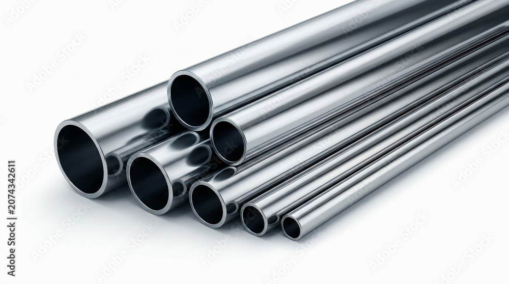 Fototapeta premium Stack of polished stainless steel pipes of various diameters on white background