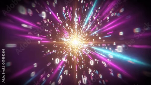 Abstract digital data explosion with glowing light rays and binary code, representing big data and cybersecurity
