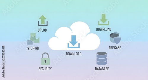 Cloud storage icons depicting upload download security database and archive flat vector illustration