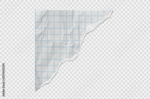 Torn white checkered grid graph paper corner piece transparent background. Tear crumpled corner of page from school notebook , faded paper scrap for scrapbooking design page corner header decoration