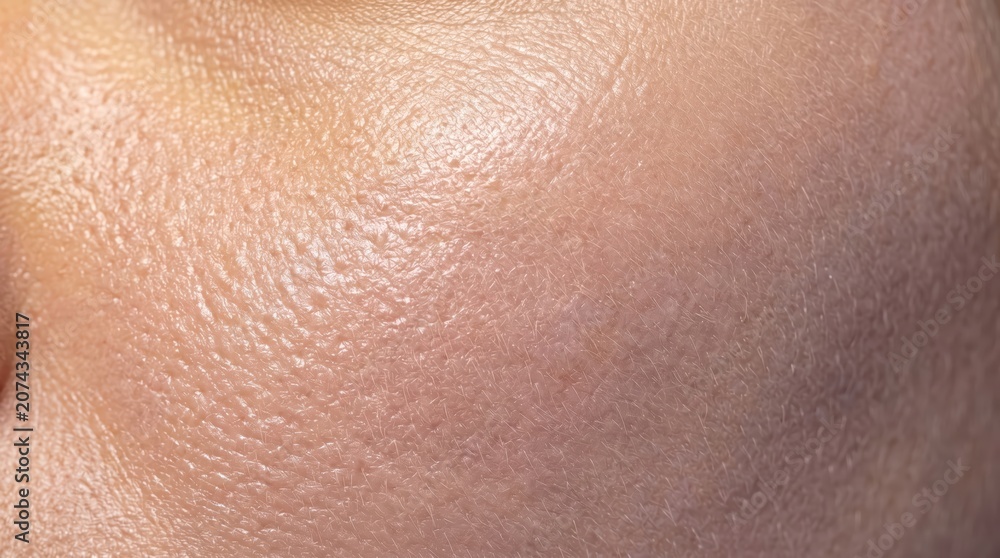 Fototapeta premium Macro close up of cheek skin with prominent pores and subtle shine showing textured surface and natural complexion for dermatology and skincare study