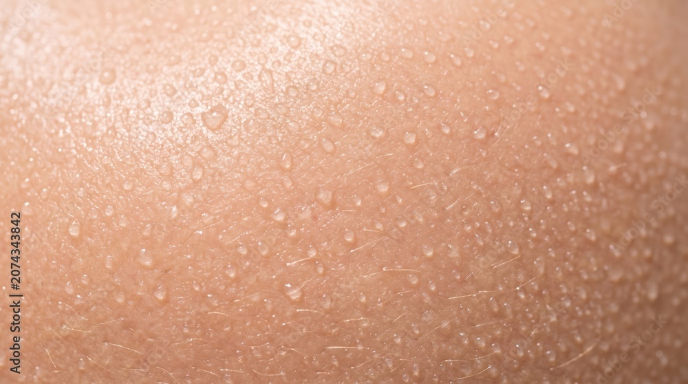 Fototapeta premium Extreme close up of skin surface covered in water droplets and fine hairs highlighting moisture beads and textured epidermis for clinical skincare and texture study