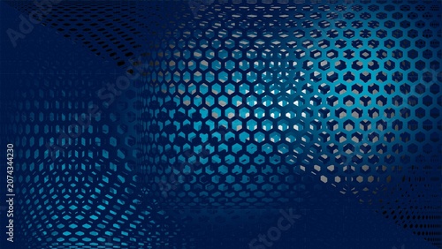 Abstract dark blue honeycomb grid background with spherical spotlight
