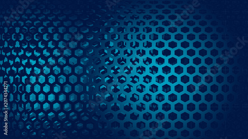 Abstract dark blue honeycomb grid background with spherical spotlight