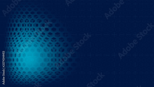 Abstract dark blue honeycomb grid background with spherical spotlight