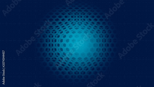 Abstract blue 3D hexagonal mesh background with bright center glow.