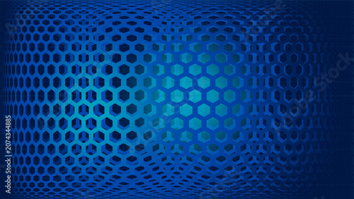 Abstract dark blue honeycomb grid background with spherical spotlight