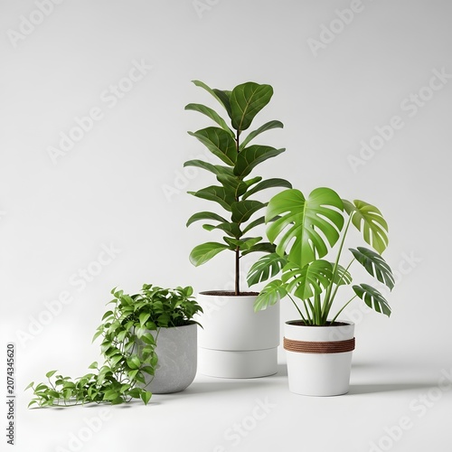 Three stylish potted plants on white background