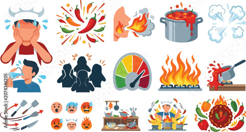 Obraz na plátně A collection of illustrations related to spicy food, including a sweating man, r