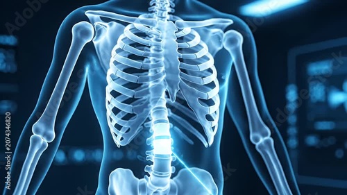 Human skeleton with visible spine, ribs, and shoulders, medical imaging, diagnostic scan, health monitoring