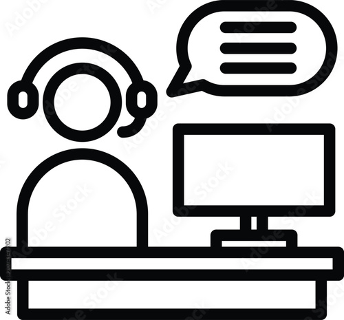 Customer service representative at desk with computer and speech bubble icon