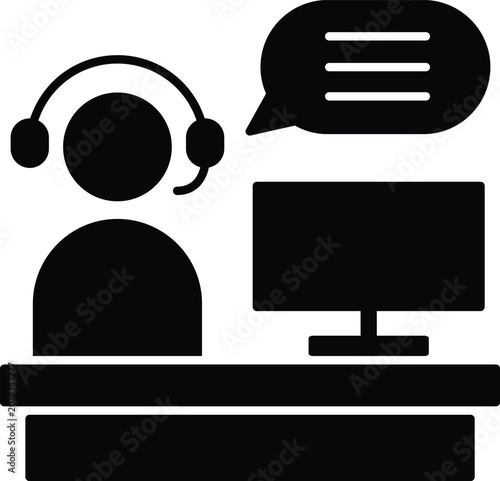 Customer service representative at desk with computer and speech bubble icon