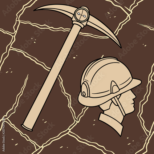 Worker Holding Pickaxe with Hard Hat in Underground Mine Cartoon Illustration