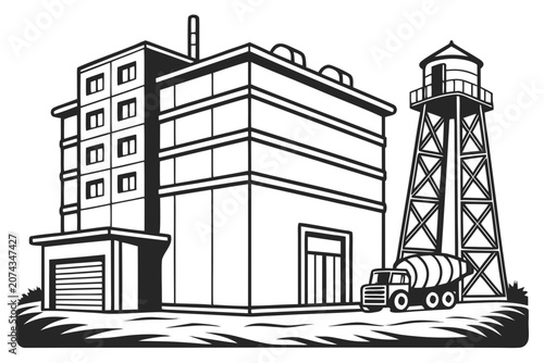 Industrial Facility Water Tower Tanker Truck Line Drawing Vector