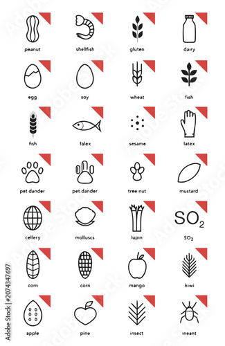 Flat Vector Allergy Warning Icons Set with Common Food and Environmental Triggers