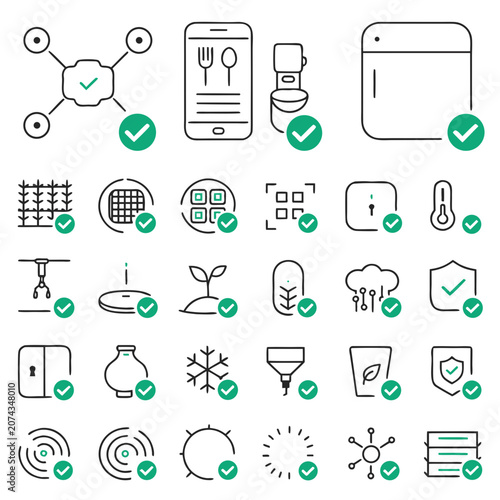 Collection of 24 Sustainable and Eco-Friendly Technology Icons with Checkmarks in Flat Design Style