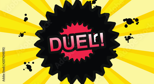 Quadro su tela Duel word in comic burst, yellow sunburst background, retro pop art style