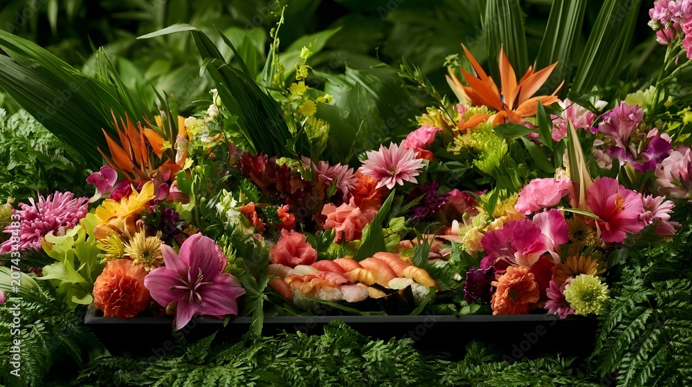 Naklejka premium An ic display of colorful sushi is beautifully framed by lush greenery and vibrant floral blooms