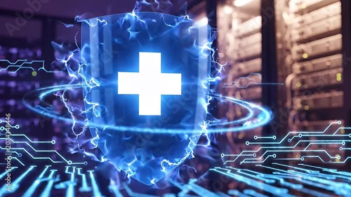Abstract shield with a medical cross, representing healthcare security, data protection, and digital health on a server background