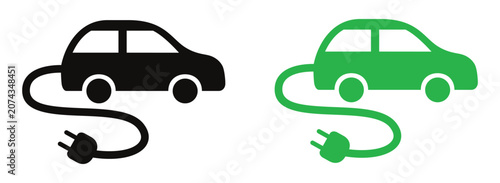 Electric Car Charging Icons Showing Plug-In Vehicle, Charging Cable, Clean Energy and Eco-Friendly Automotive Technology Concepts