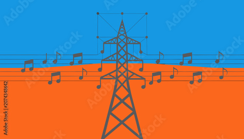 Minimalist Electricity Transmission Tower with Musical Notes on Sunset Gradient Background