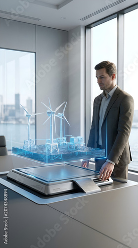 Professional businessman interacting with a 3D offshore wind farm hologram on a futuristic desk terminal in a modern office