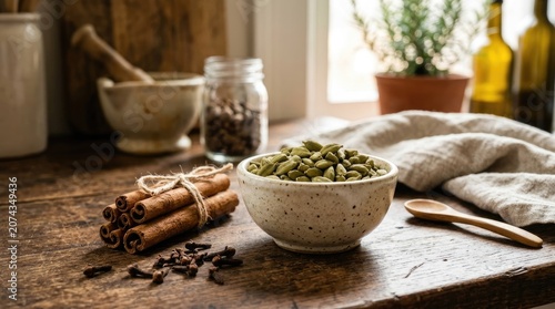 A rustic wooden table displays a collection of spices. A ceramic bowl filled with green cardamom pods sits in the center, surrounded by cinnamon sticks and cloves.