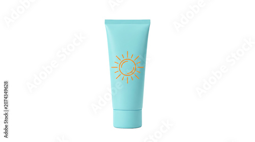 Light blue sunscreen tube with sun logo as transparent object