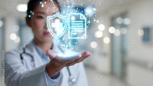 Doctor holding a holographic medical shield and document icon representing healthcare security and insurance, health data protection, medical record safety