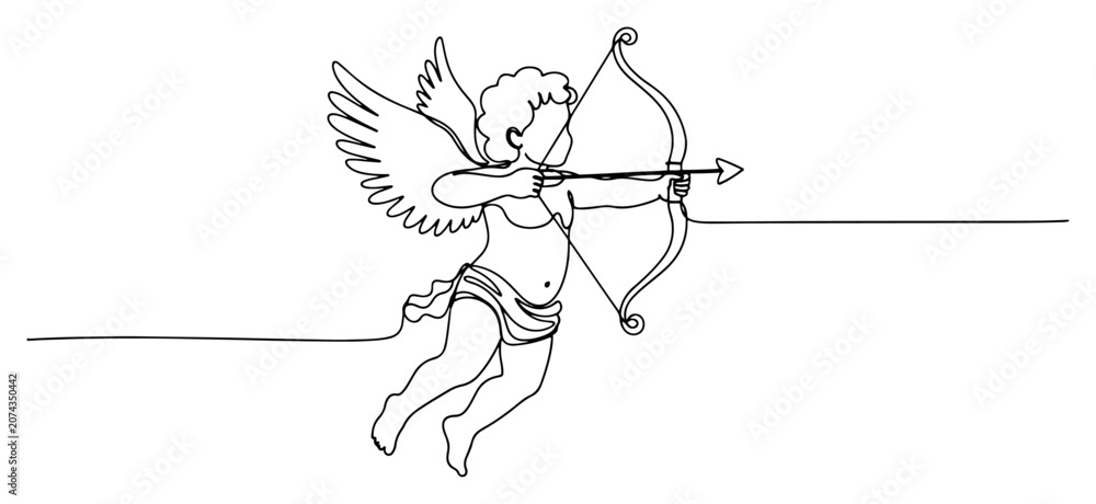 Fototapeta premium Cupid with bow and arrow continuous line drawing, cherub angel of love for Valentine's Day minimalist illustration