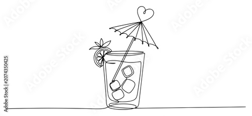 Konstfotografi Summer cocktail drink with ice and heart umbrella continuous one line drawing, r