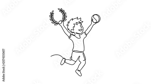 Fotografie Joyful Boy Jumps with Laurel Wreath and Ball, Celebrating Victory