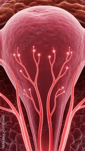 Detailed Cross-Section Visualization of Healthy Uterine Lining Endometrium Showcasing Blood Vessels and Tissue Structure for Medical and Educational Use